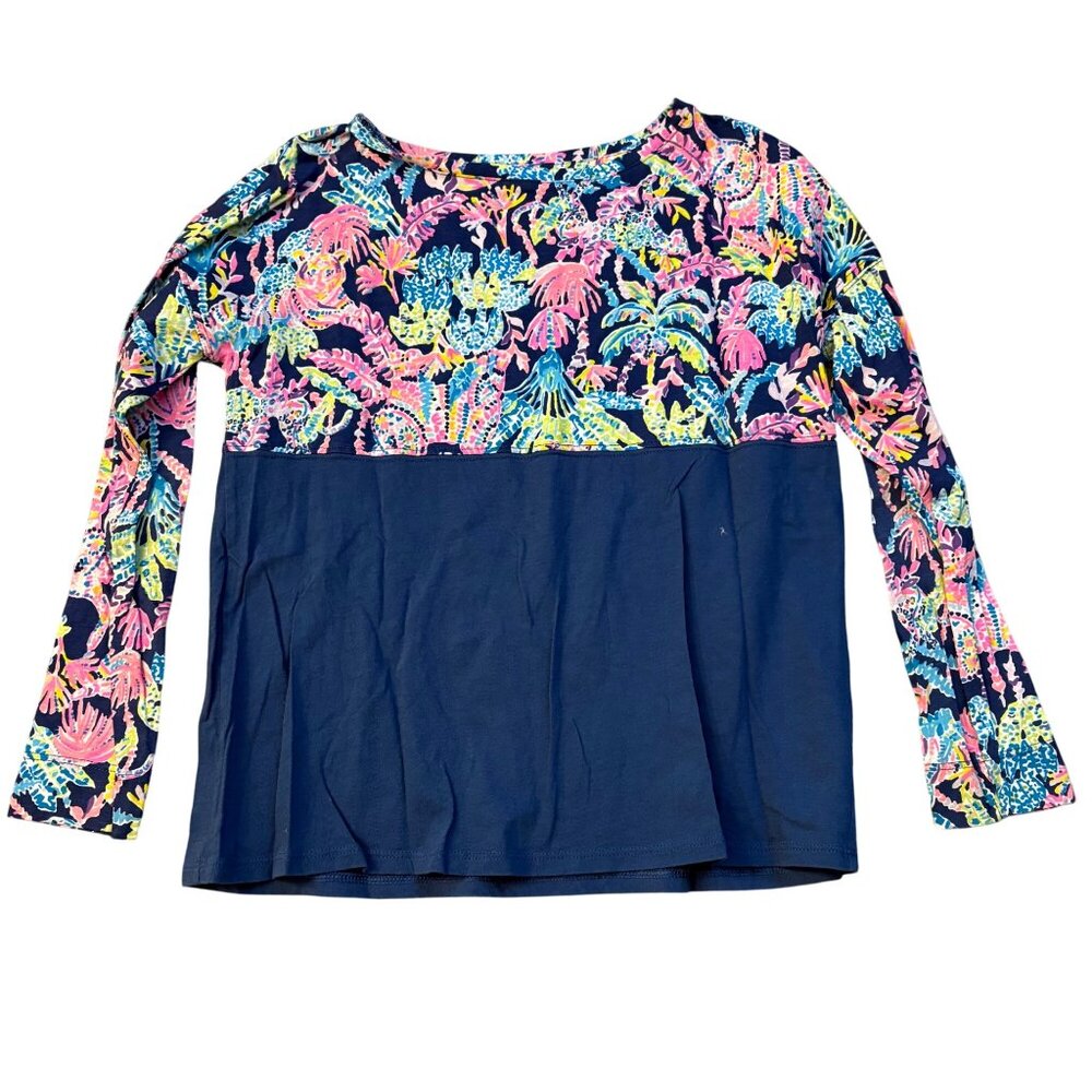 Lilly Pulitzer Girls Floral & Navy Long-Sleeve Top Size M 8/10 Cotton Blend